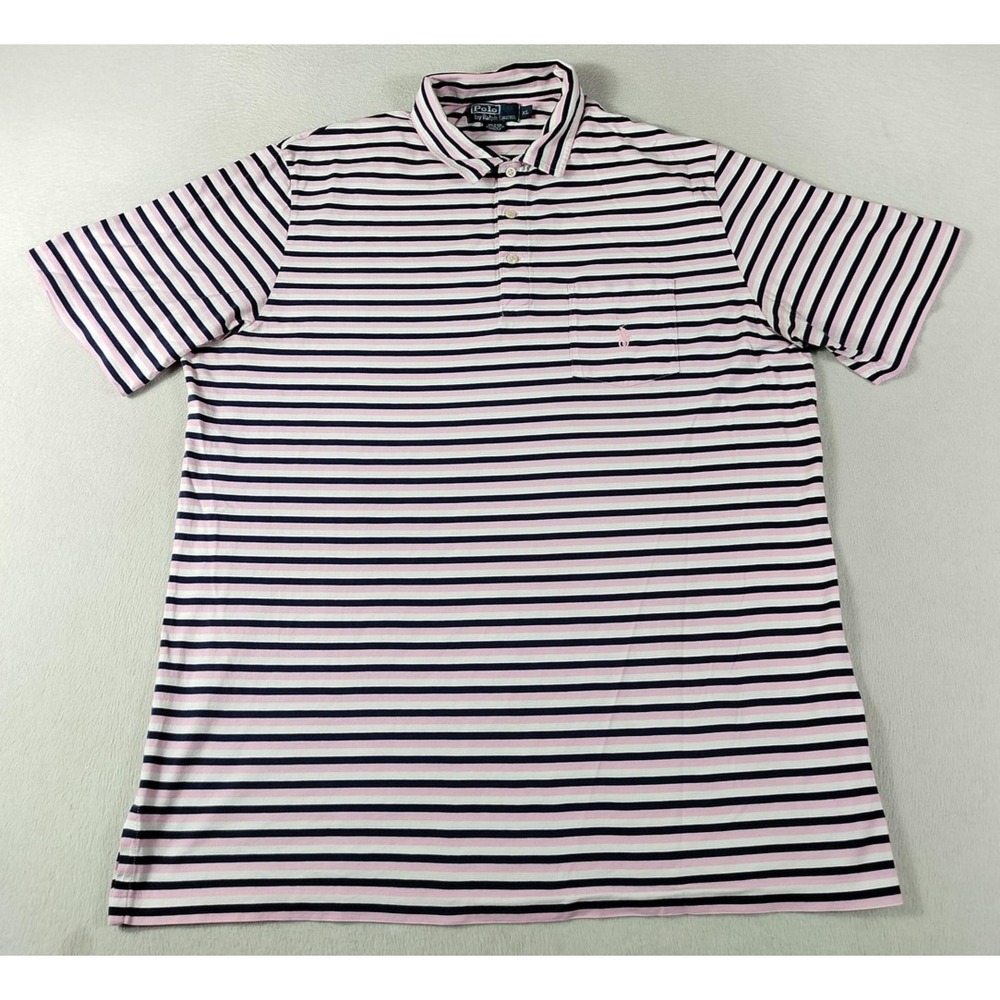 Vintage Polo Ralph Lauren Polo Shirt Mens XL Pink Navy Stripe Pima Cotton Pony